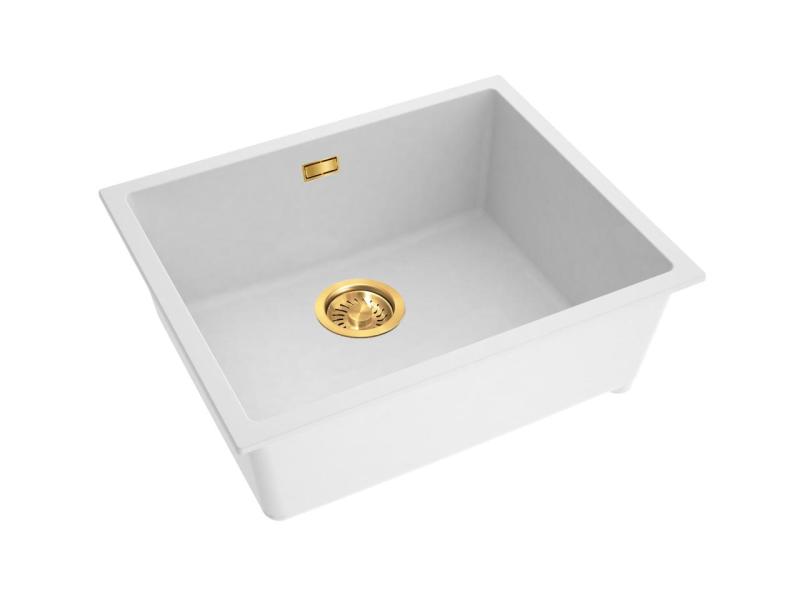 Pure.Sink Eternal Quartz Witte Spoelbak 50x40 cm Vlakinbouw en Onderbouw met Automatische Gouden plug