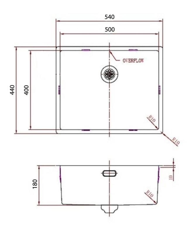 Pure.Sink Comfort PVD Gouden spoelbak 50x40 cm 10mm radius onderbouw, vlakbouw en opbouw PCM5040-60